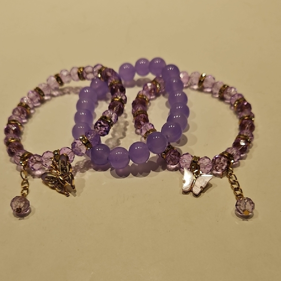 3 Purple Glass, Crystal & Rhinestone Beaded Stretch Bracelet Set with Charms - Picture 4 of 7